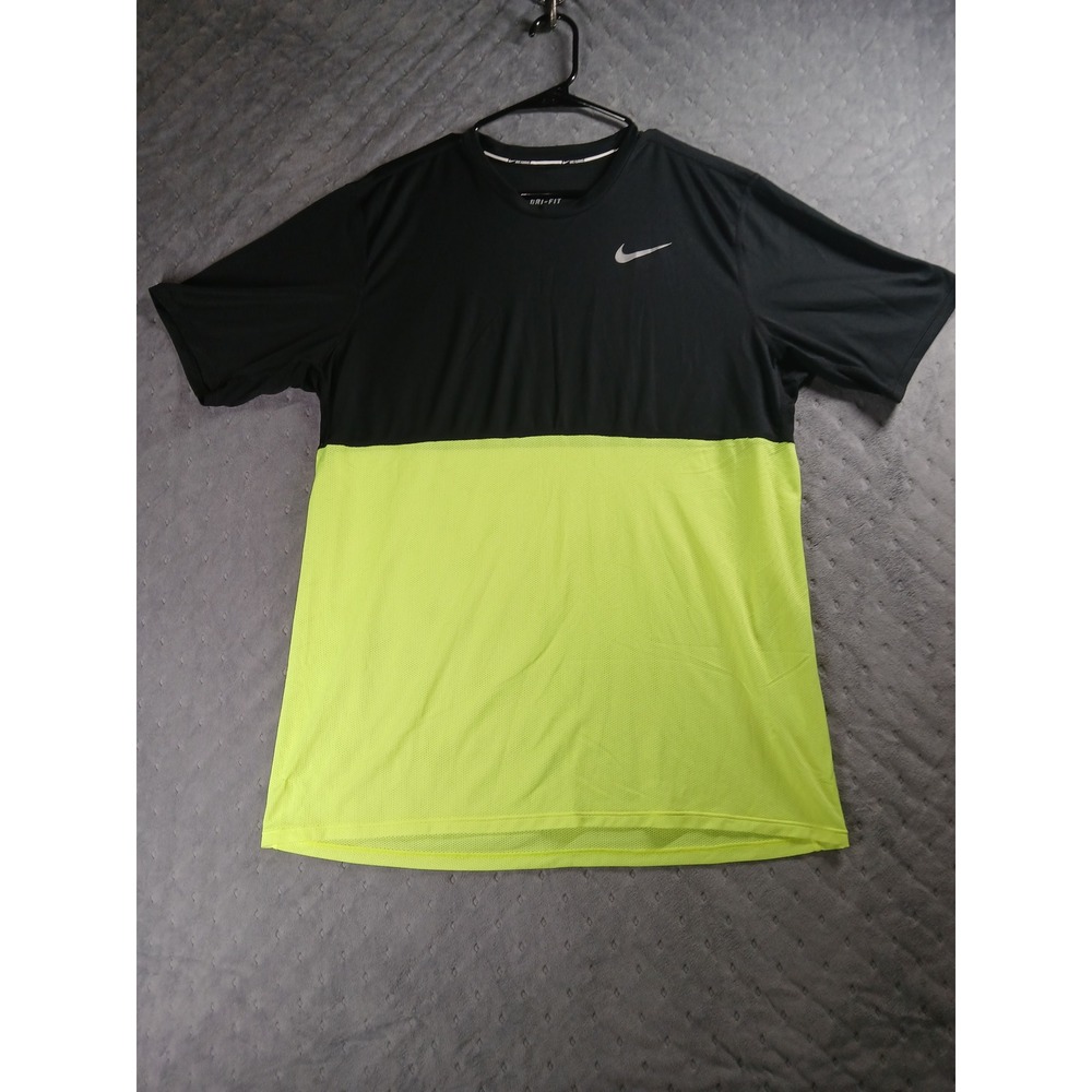 Nike Running Dri-FIT Shirt Mens XL Black Neon Volt Green Colorblock Athletic Tee